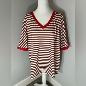 ANRABESS White and Light Brown Striped Women's Top with Red Boarder Size XL